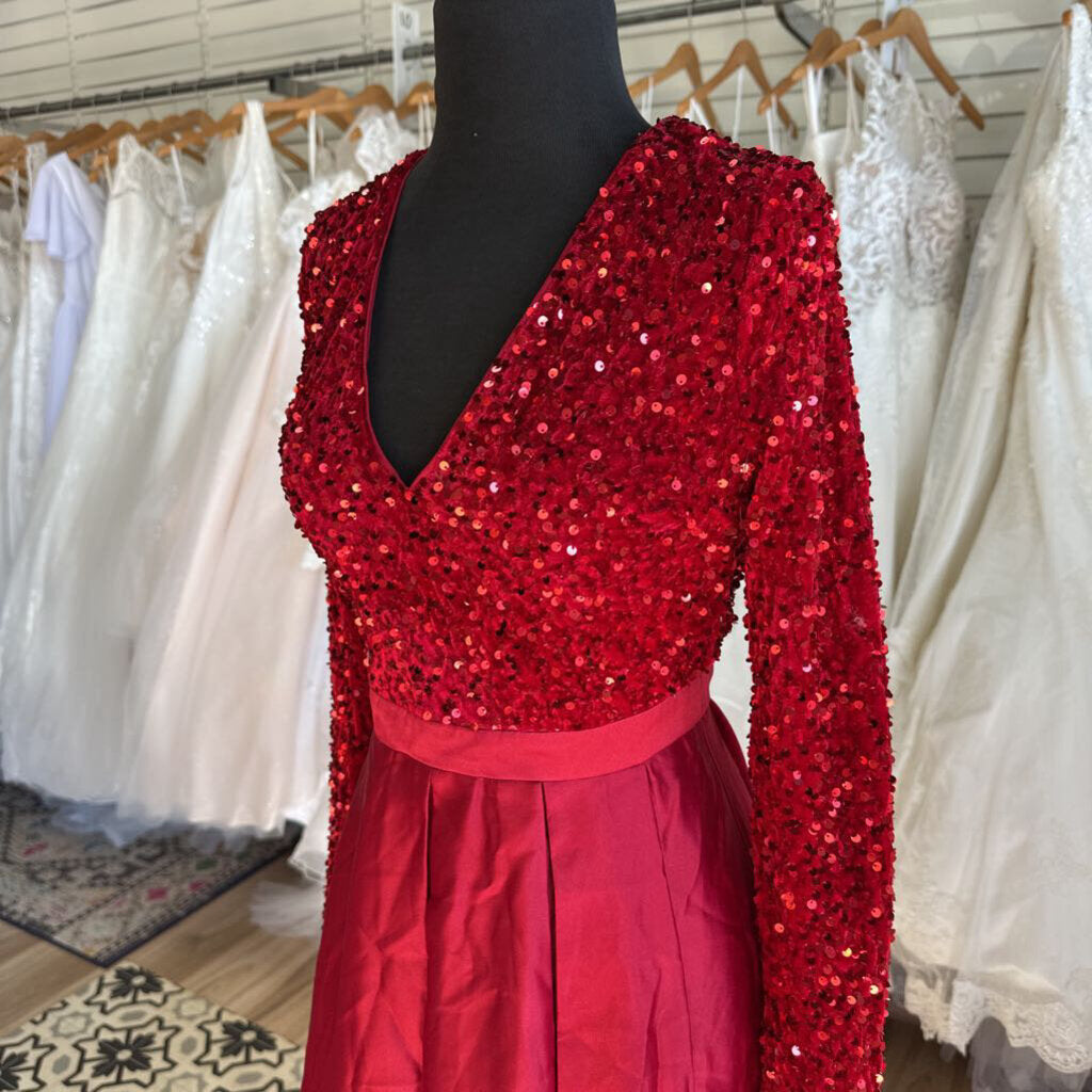 Red Sequin Long Sleeve Top Long Formal Dress Small