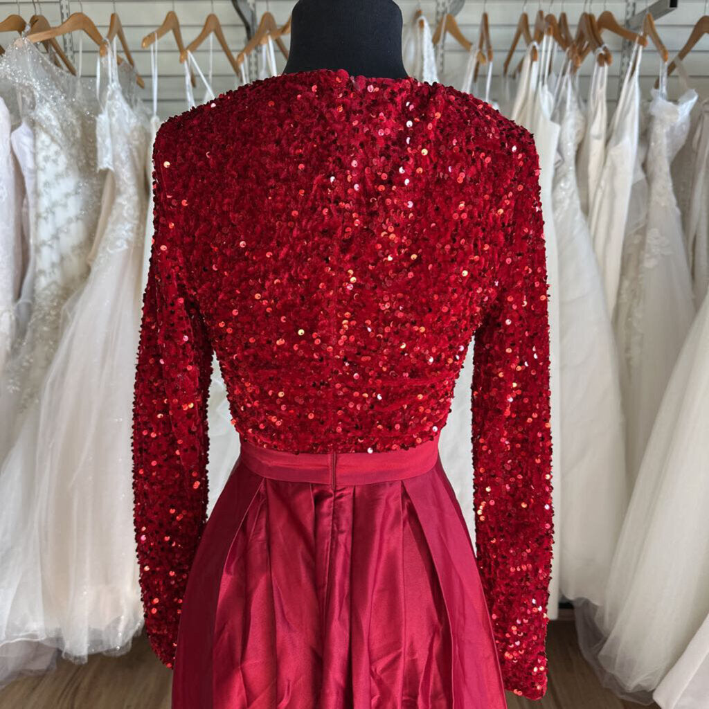 Red Sequin Long Sleeve Top Long Formal Dress Small