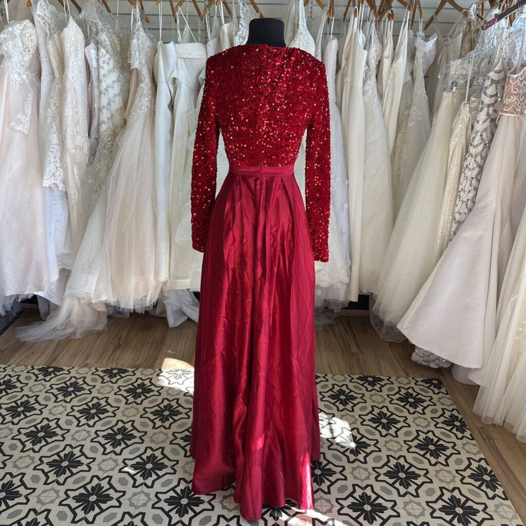 Red Sequin Long Sleeve Top Long Formal Dress Small