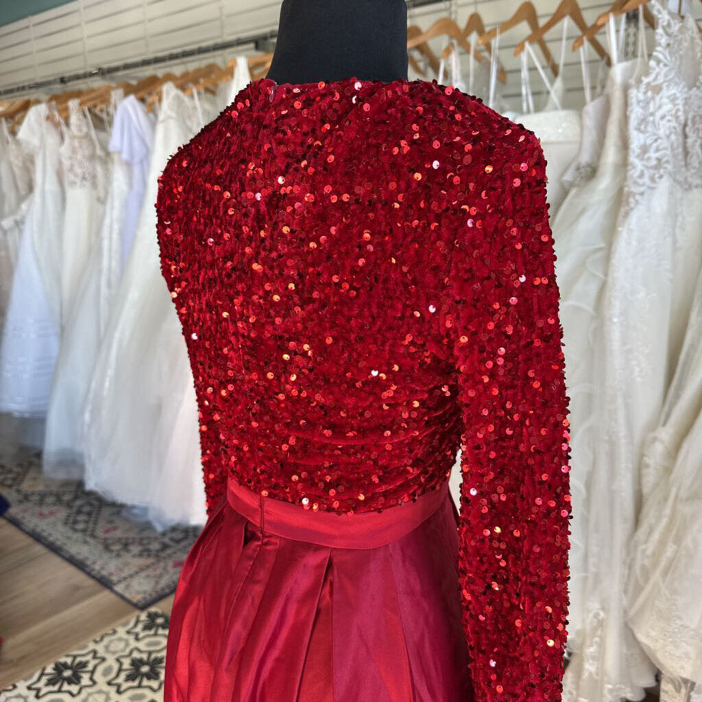 Red Sequin Long Sleeve Top Long Formal Dress Small