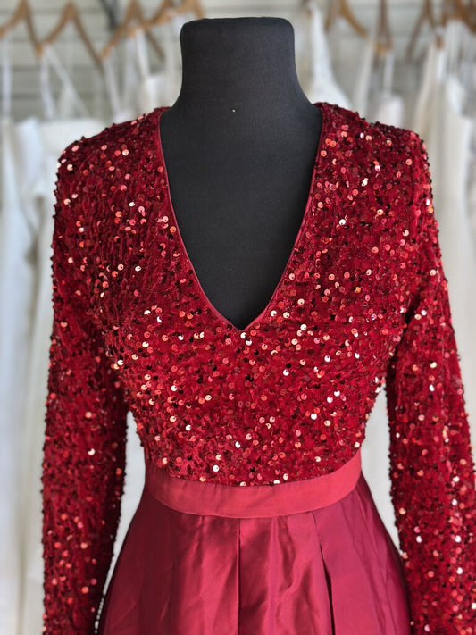 Red Sequin Long Sleeve Top Long Formal Dress Small