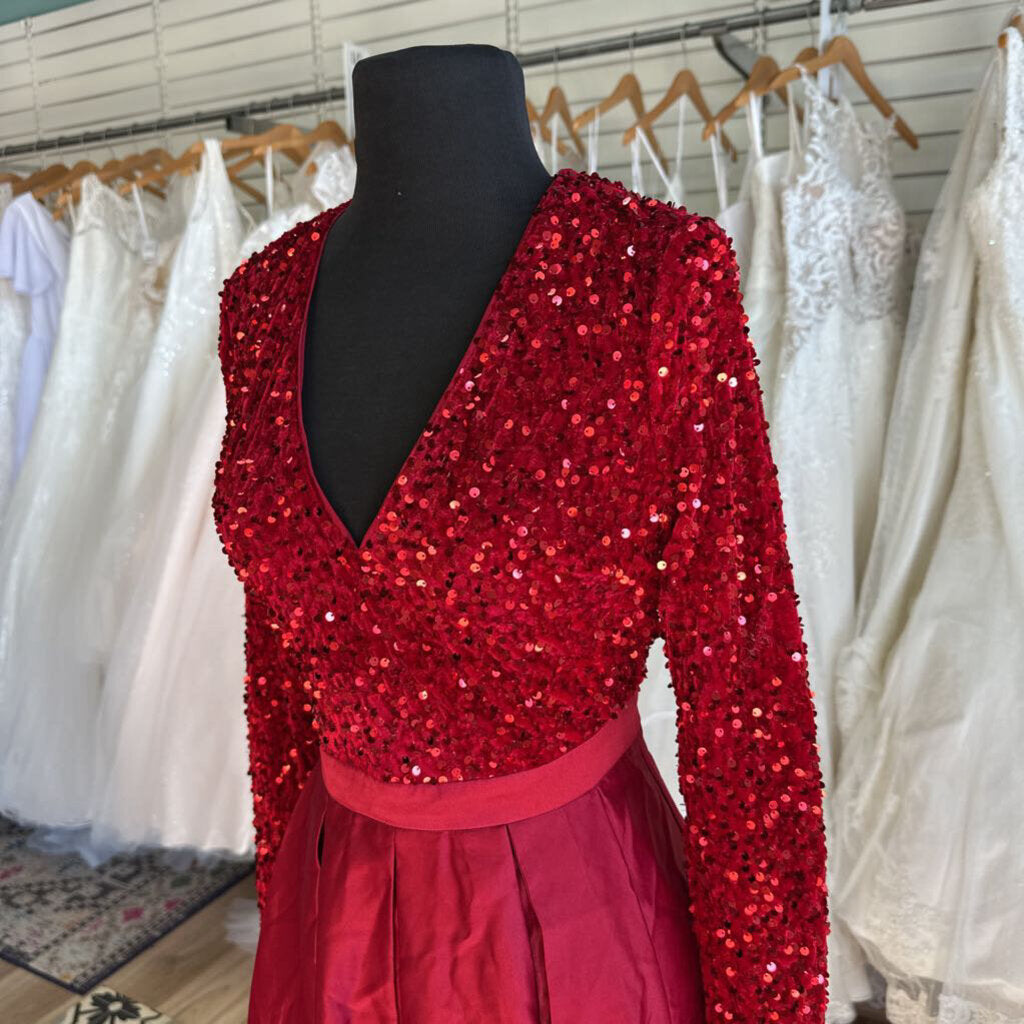 Red Sequin Long Sleeve Top Long Formal Dress Small