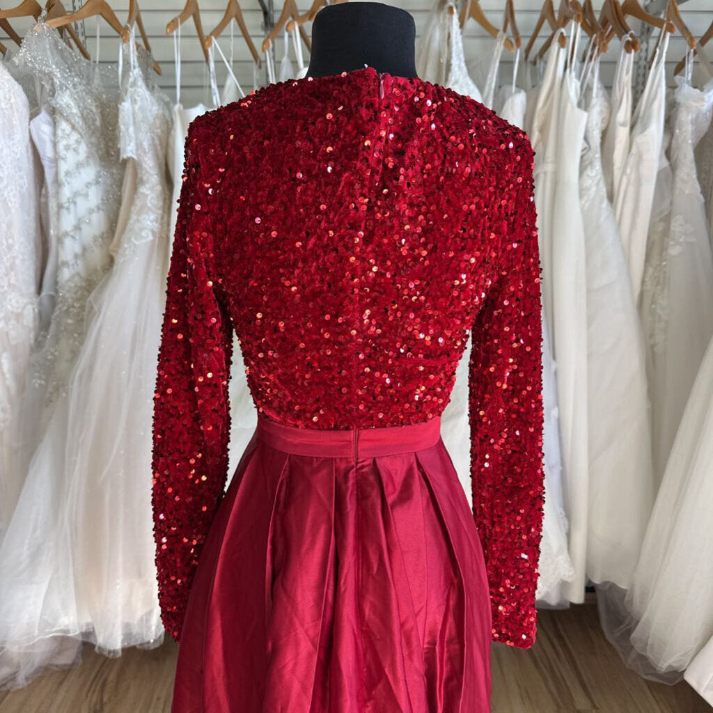 Red Sequin Long Sleeve Top Long Formal Dress Small