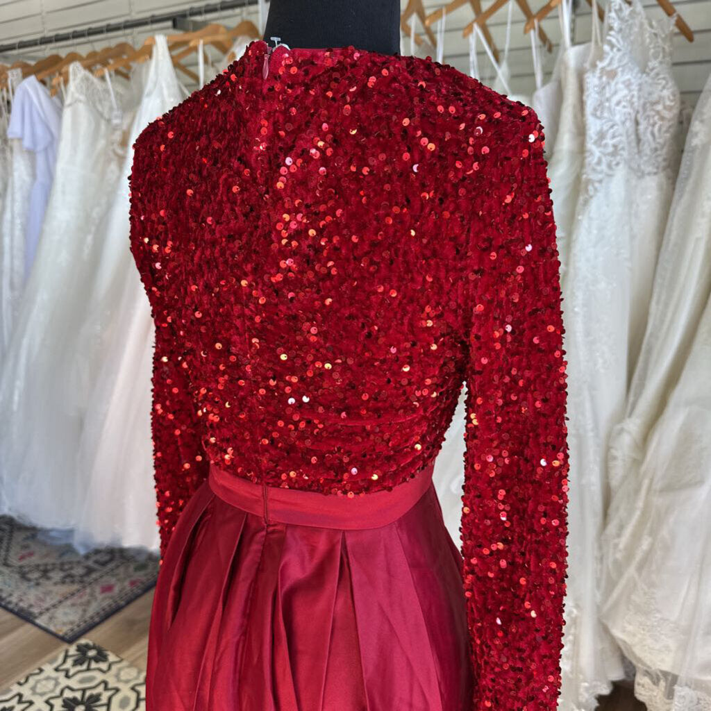 Red Sequin Long Sleeve Top Long Formal Dress Small