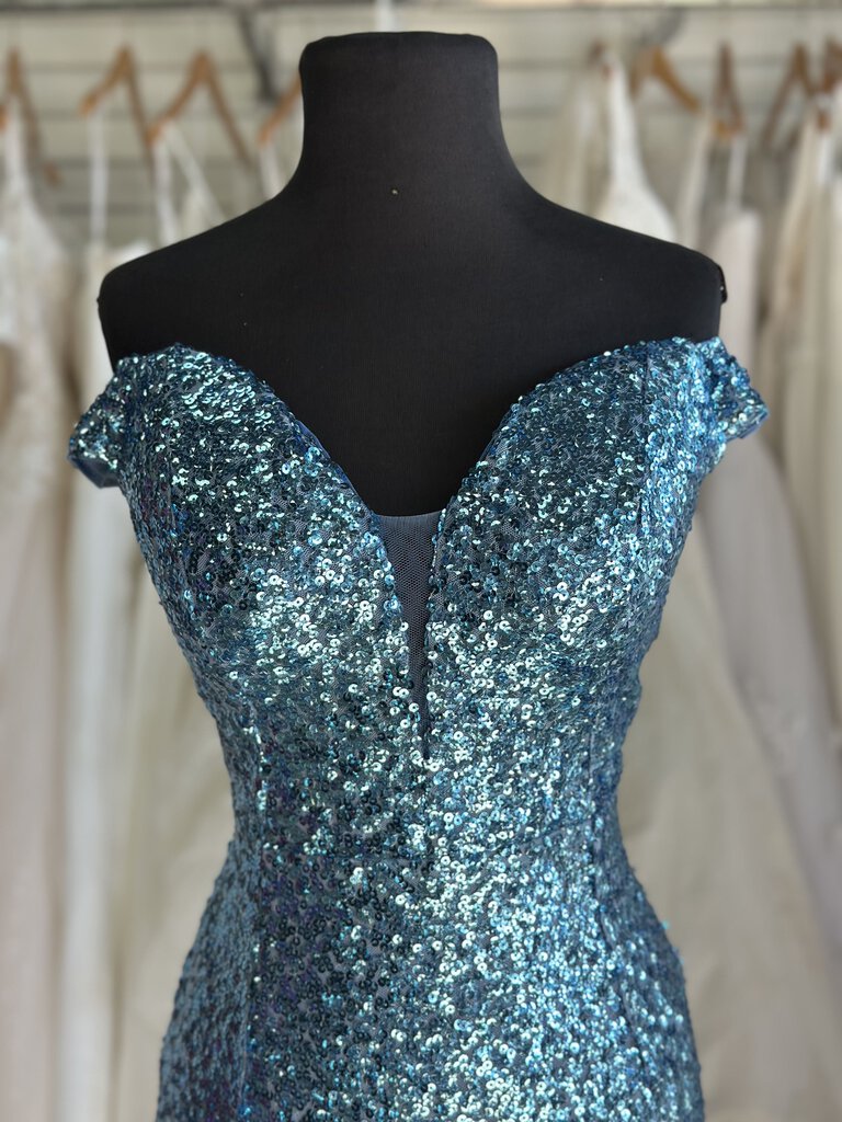 Blue Sequin Off Shoulder Long Formal Dress Large