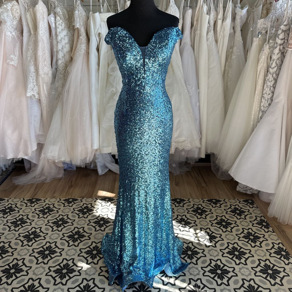 Blue Sequin Off Shoulder Long Formal Dress Large