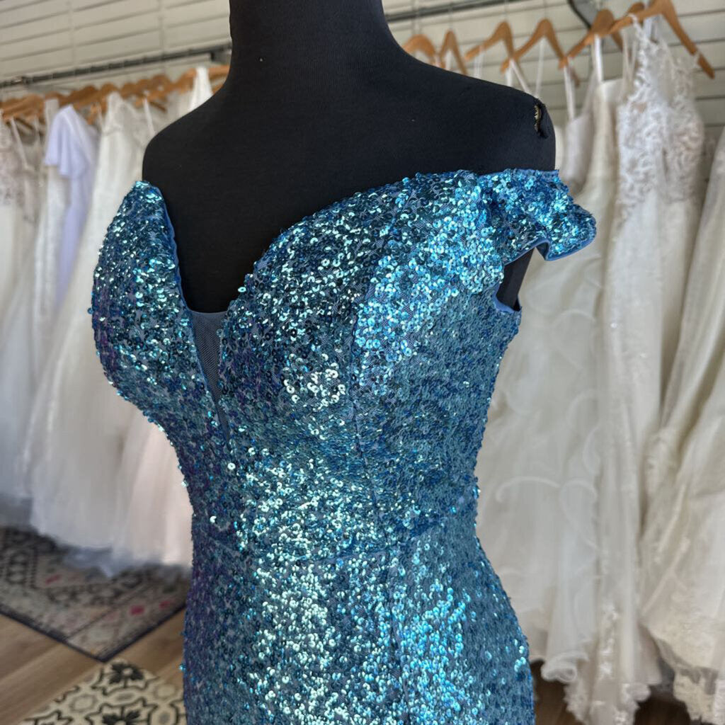 Blue Sequin Off Shoulder Long Formal Dress Large