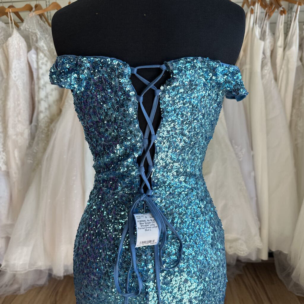 Blue Sequin Off Shoulder Long Formal Dress Large