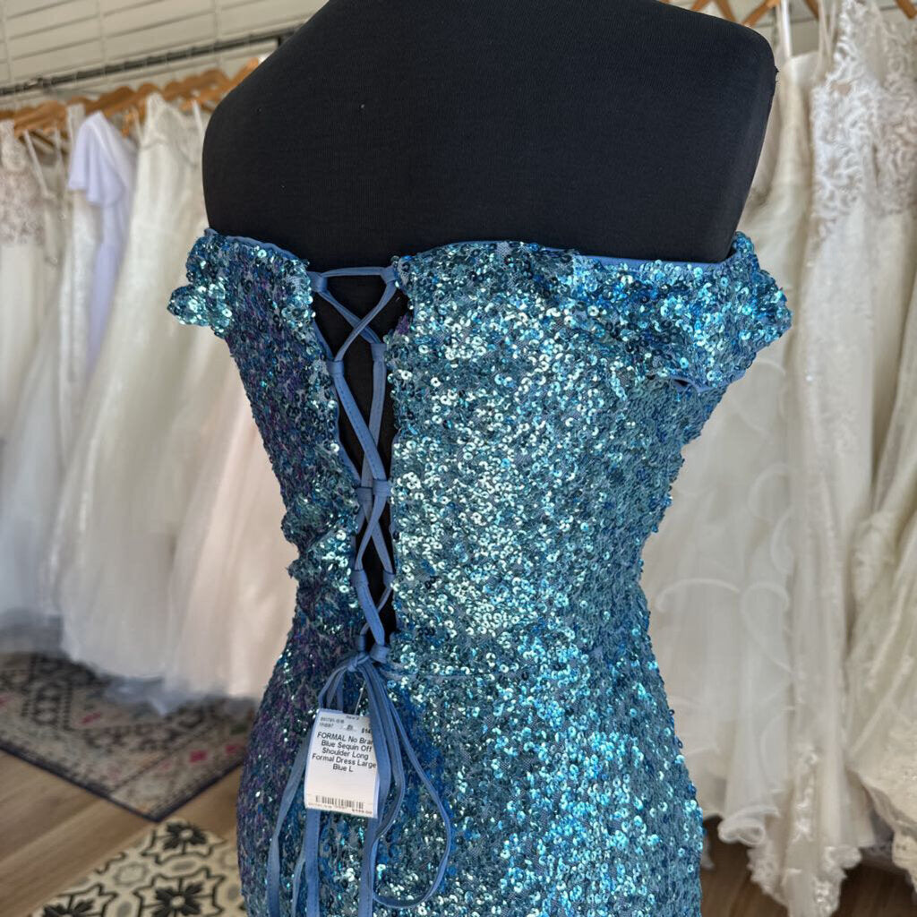 Blue Sequin Off Shoulder Long Formal Dress Large