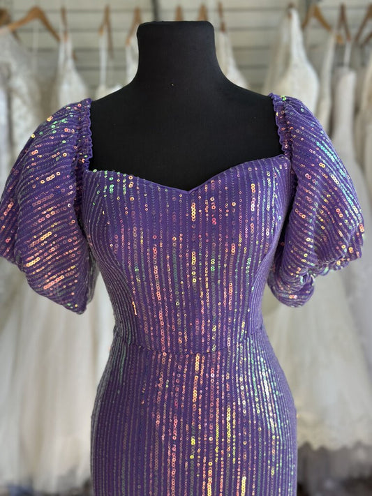 Purple Sequin Short Puff Sleeve Long Formal Dress Medium