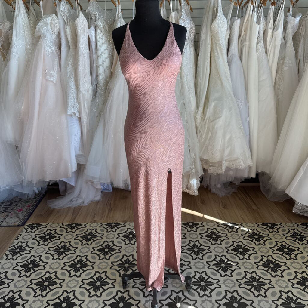 Social Couture Rose Gold Shimmer V Neck Long Formal Dress 1/2