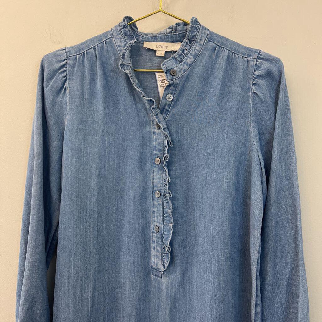 Loft Blue Chambray Long Sleeve Ruffle Detail Dress Extra Small