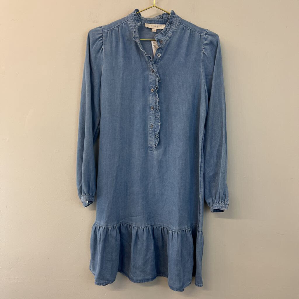 Loft Blue Chambray Long Sleeve Ruffle Detail Dress Extra Small