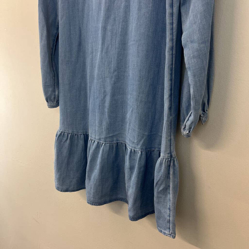 Loft Blue Chambray Long Sleeve Ruffle Detail Dress Extra Small