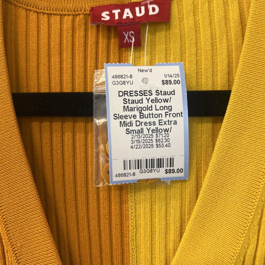 Staud Yellow/ Marigold Long Sleeve Button Front Midi Dress Extra Small