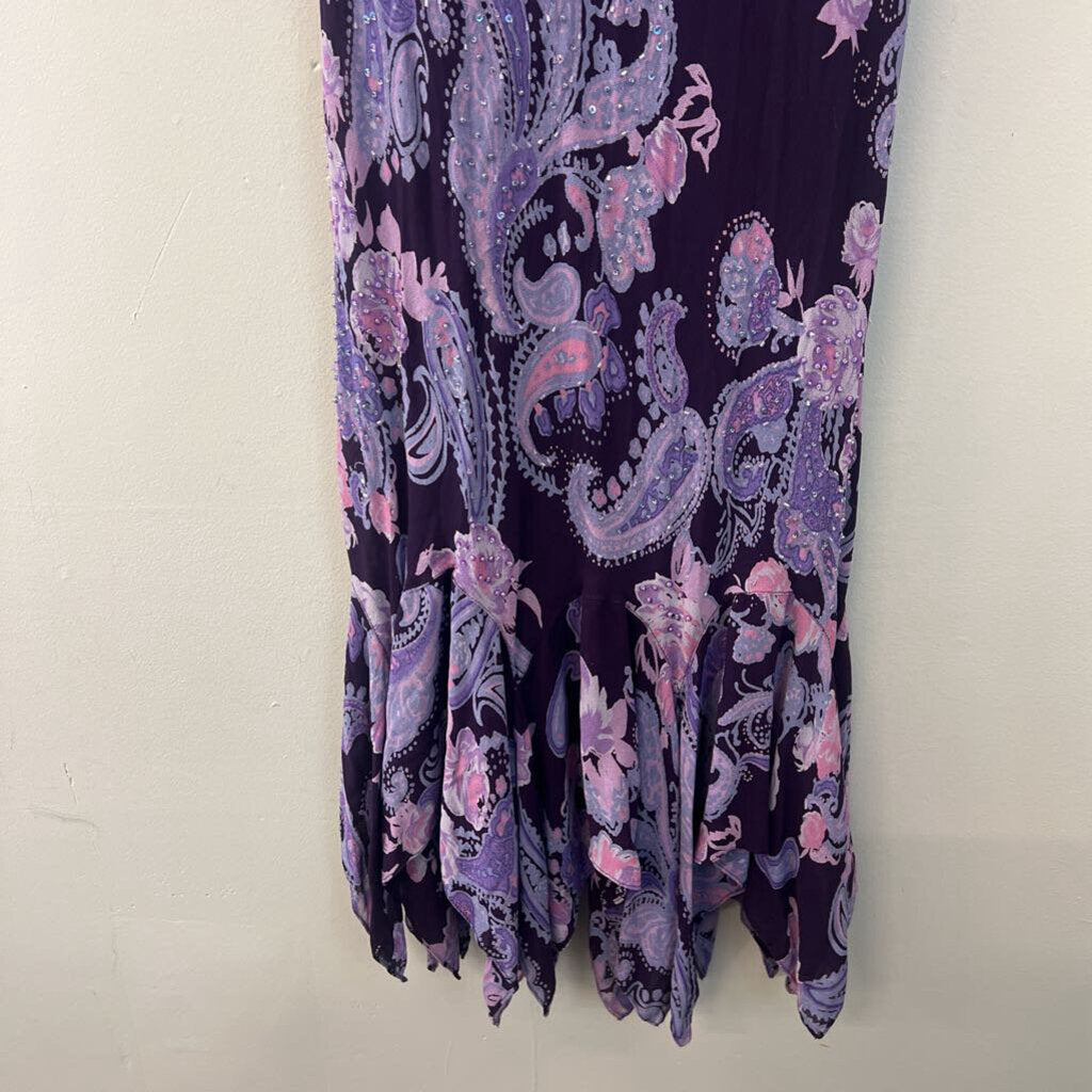 Eva Blue Purple Beaded Paisley Print Midi Dress 12