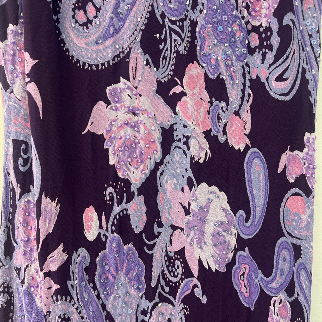 Eva Blue Purple Beaded Paisley Print Midi Dress 12