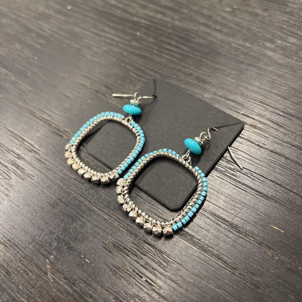 Turquoise/ Silver Beaded Square Drop Earrings