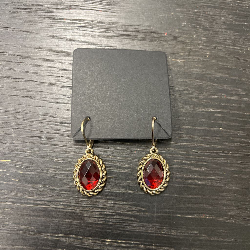 Gold Rope Border Red Stone Oval Drop Earrings