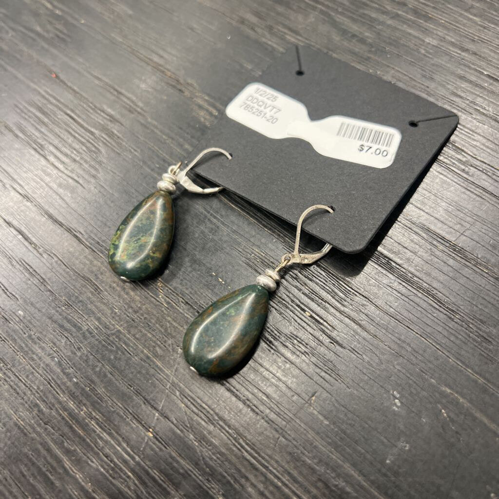 Silver/ Green Marbled Stone Drop Earrings