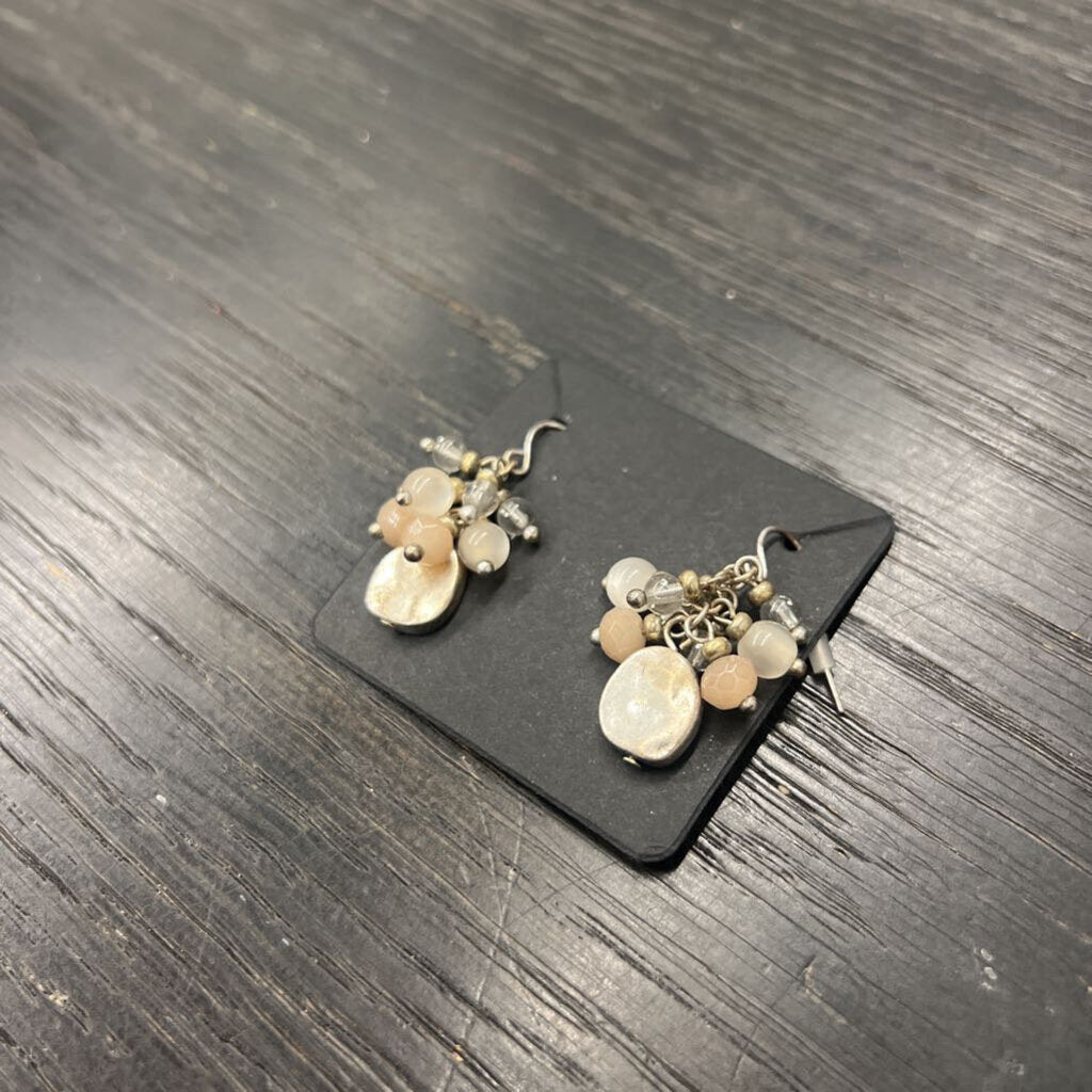 Silver/ Beige Beaded Cluster Drop Earrings