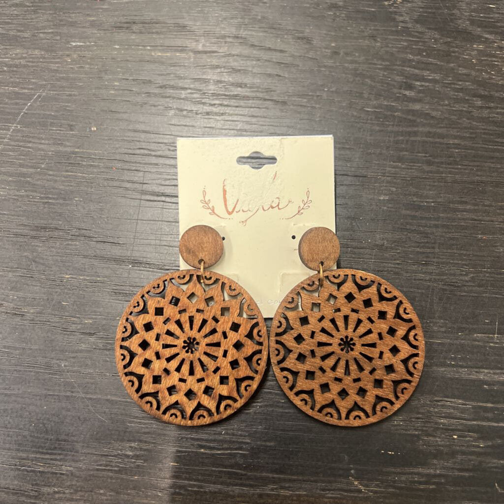 Brown Laser Cut Wood Circle Drop Earrings