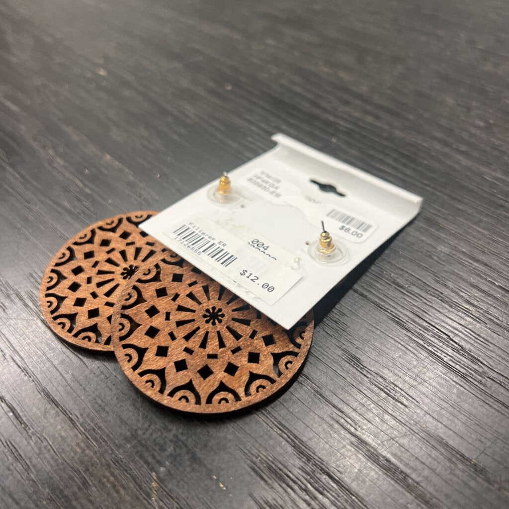 Brown Laser Cut Wood Circle Drop Earrings