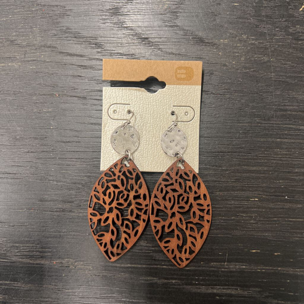 Silver/ Brown Laser Cut Wood Drop Earrings