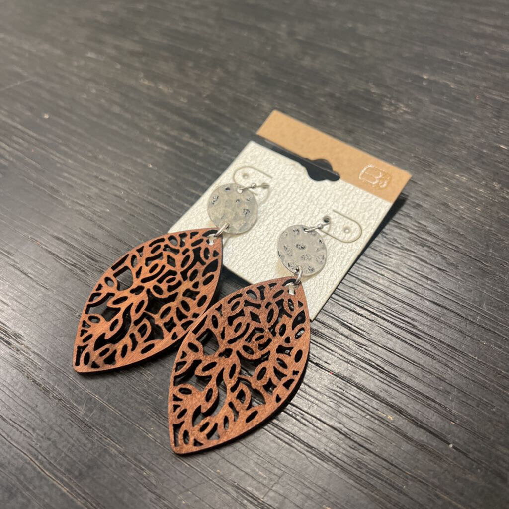 Silver/ Brown Laser Cut Wood Drop Earrings