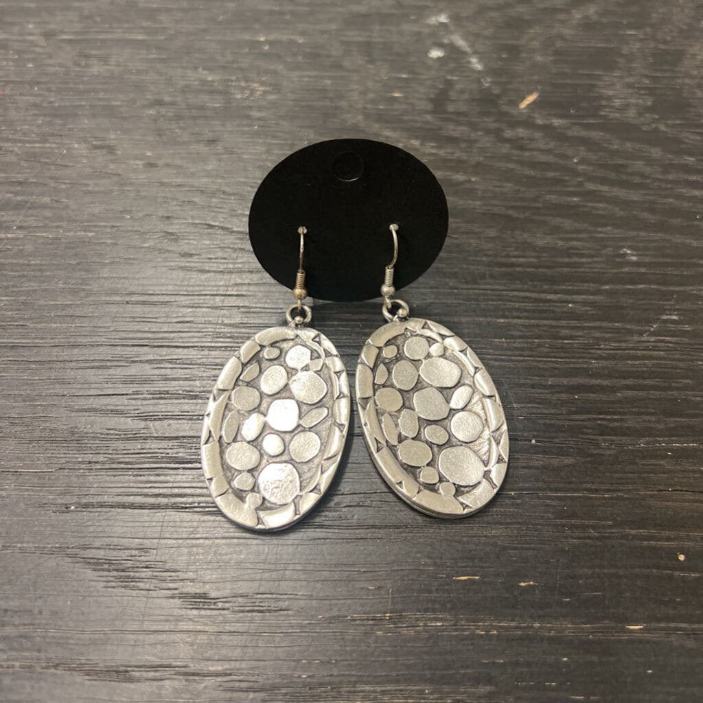 Silver Pebbled Oval Drop Earrings