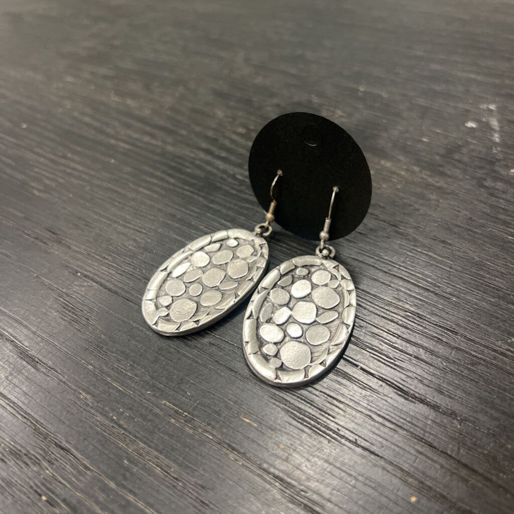 Silver Pebbled Oval Drop Earrings