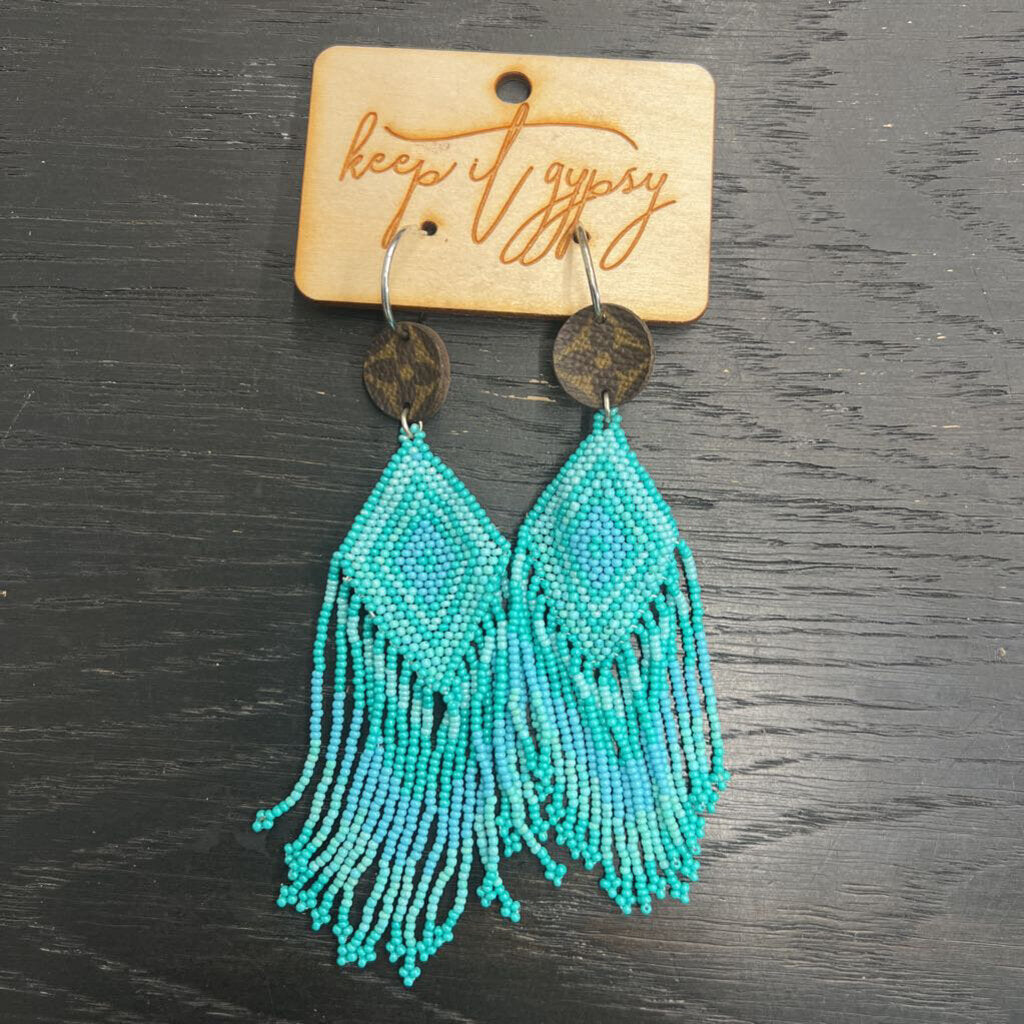 Keep It Gypsy Repurposed Louis Vuitton Blue Beaded Drop Statement Earrings