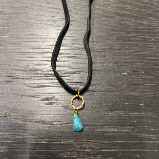 Black Suede Chain Blue Stone Pendant Necklace