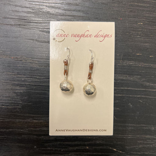 Anne Vaughan Brown Leather Silver Ball Drop Earrings