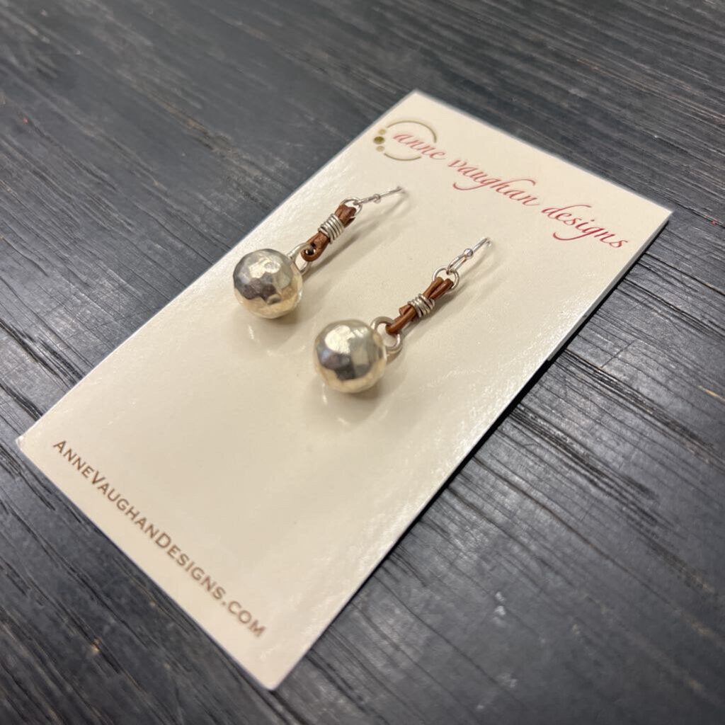 Anne Vaughan Brown Leather Silver Ball Drop Earrings