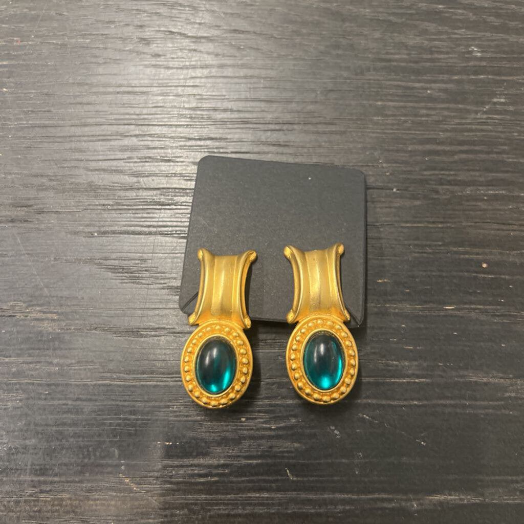 Vintage Gold/ Green Stone Statement Drop Earrings