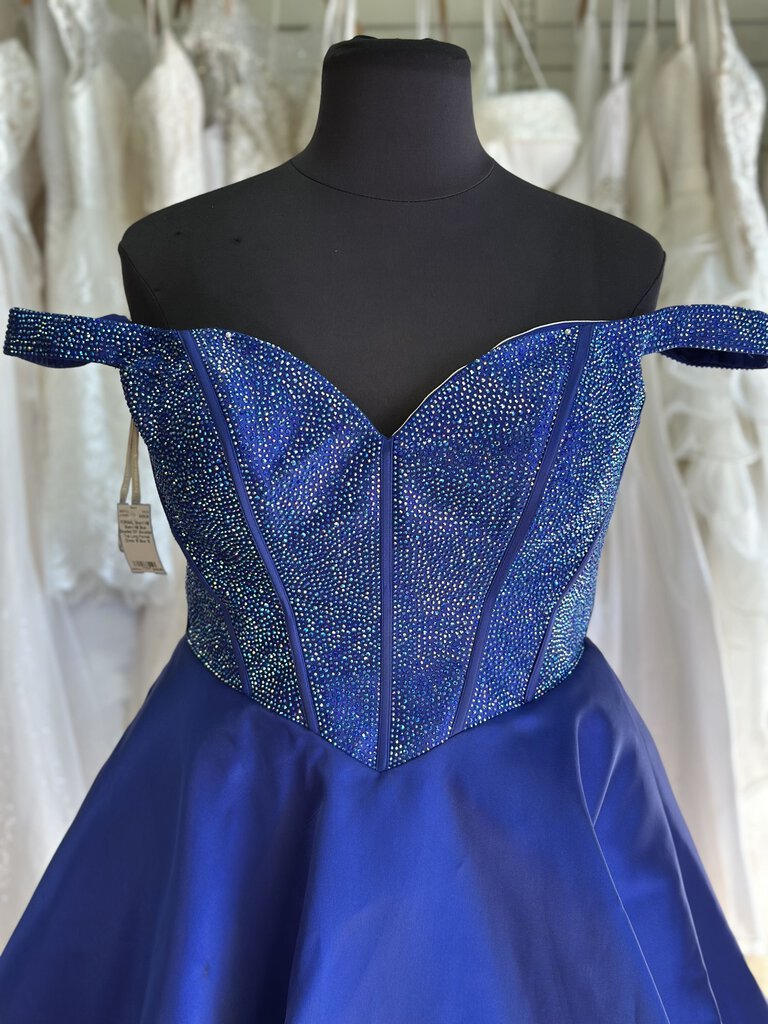 Sherri Hill Blue Beaded Off Shoulder Top Long Formal Dress 18 AS IS
