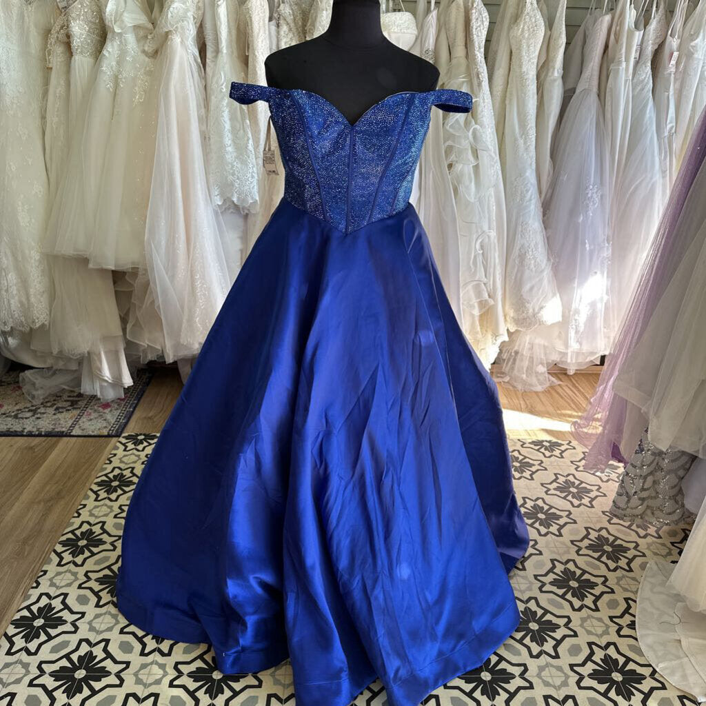Sherri Hill Blue Beaded Off Shoulder Top Long Formal Dress 18 AS IS