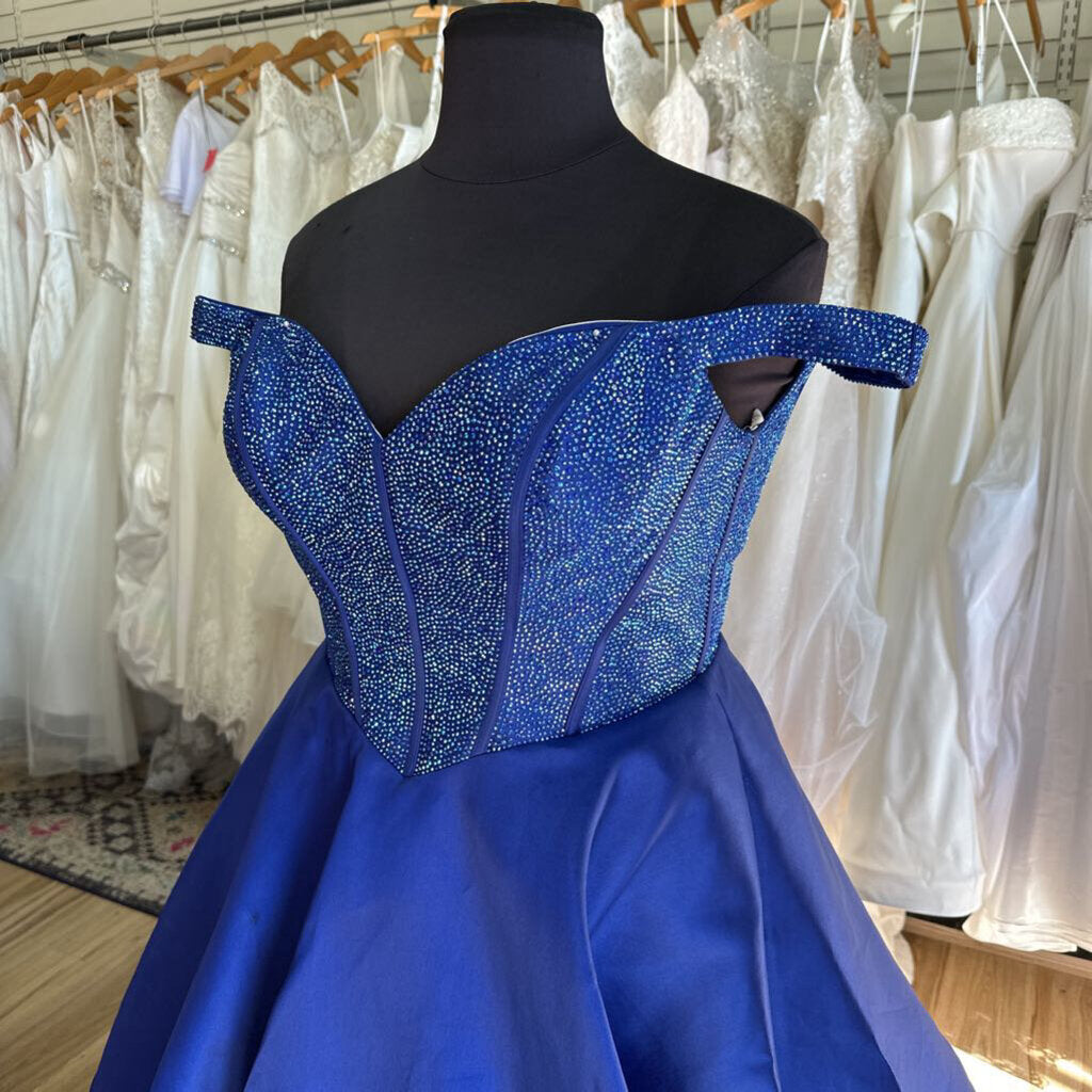 Sherri Hill Blue Beaded Off Shoulder Top Long Formal Dress 18 AS IS