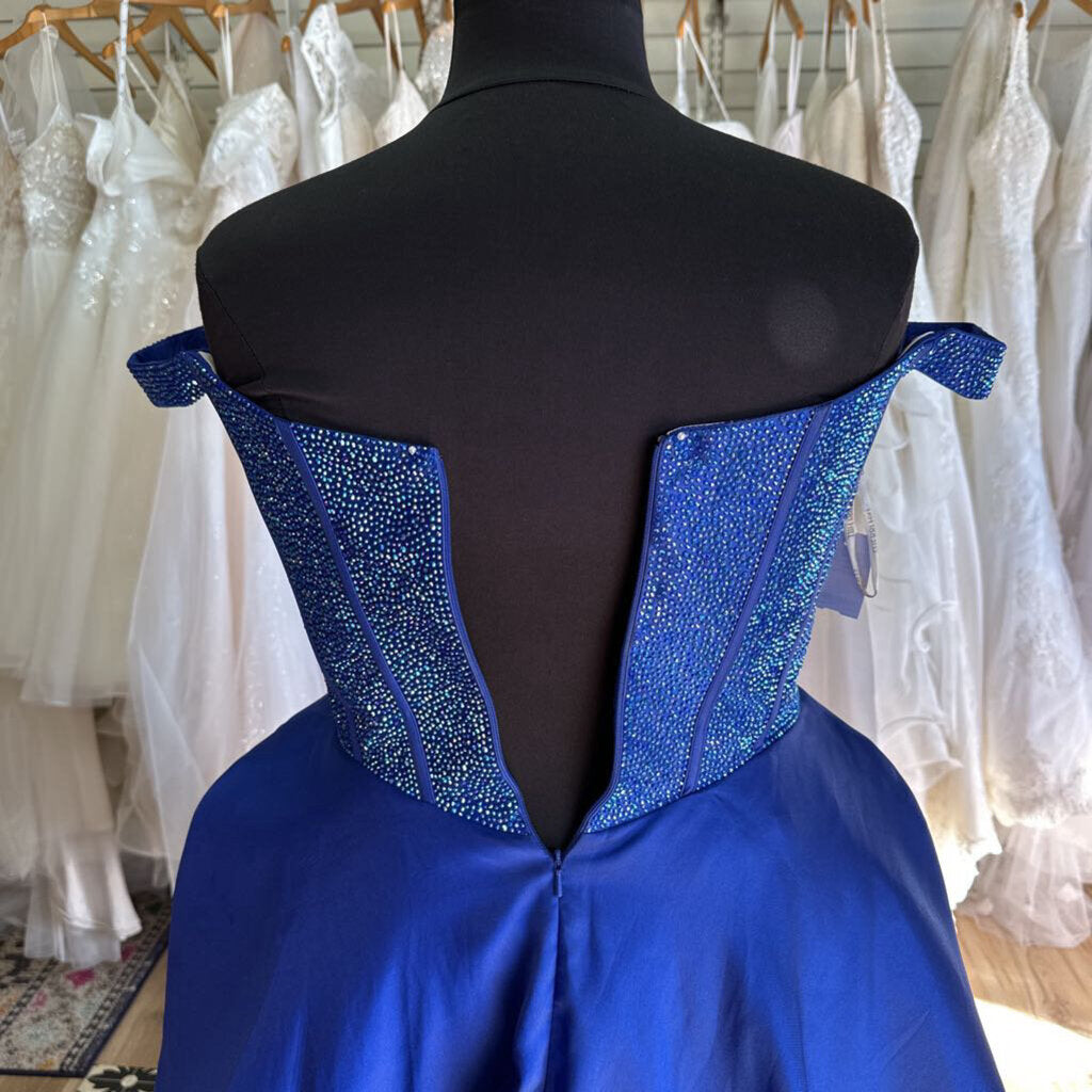 Sherri Hill Blue Beaded Off Shoulder Top Long Formal Dress 18 AS IS