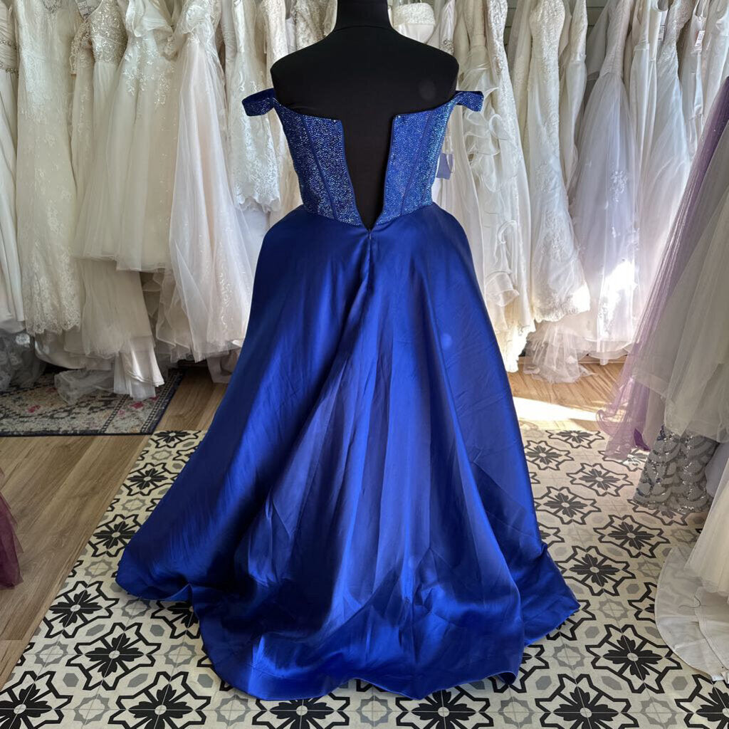 Sherri Hill Blue Beaded Off Shoulder Top Long Formal Dress 18 AS IS