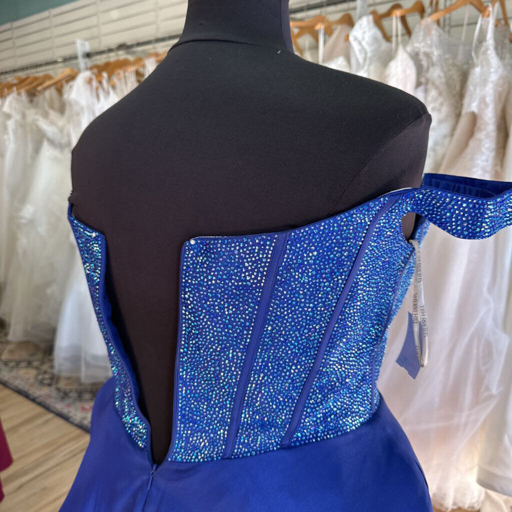 Sherri Hill Blue Beaded Off Shoulder Top Long Formal Dress 18 AS IS