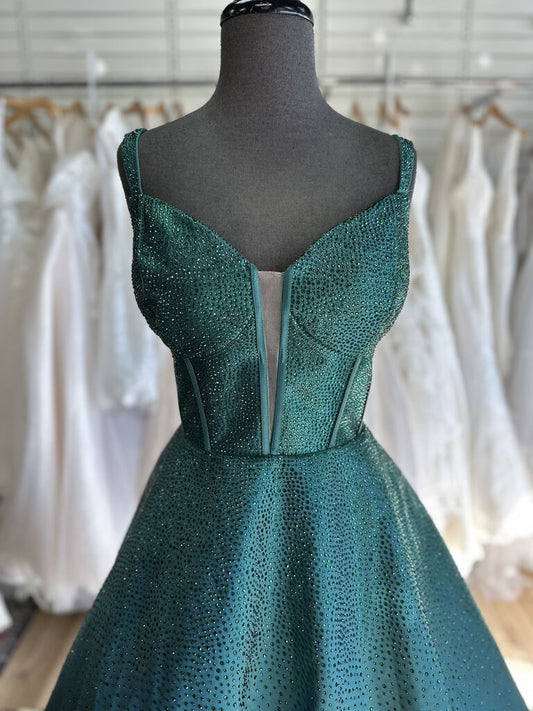 Sherri Hill Emerald Green Beaded Corset Top Long Formal Dress 16