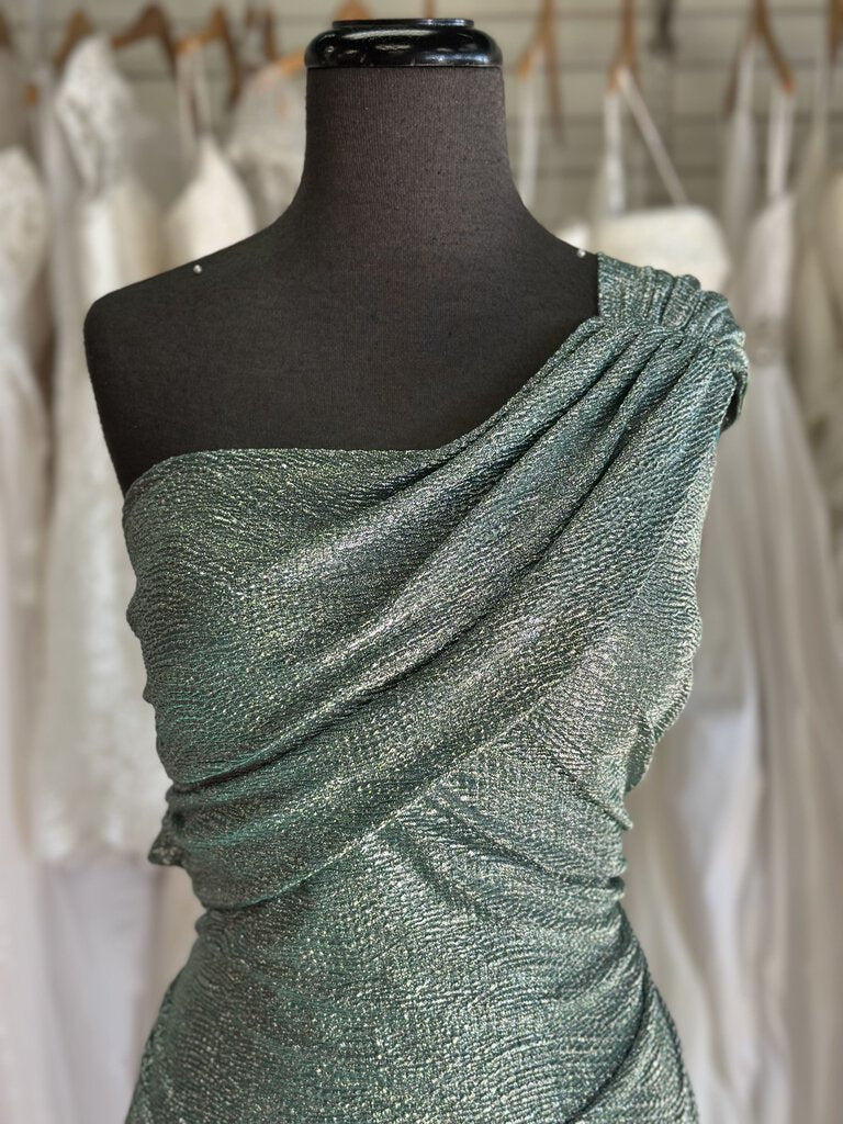 Eureka Green/ Silver Metallic One Shoulder Long Formal Dress Extra Large