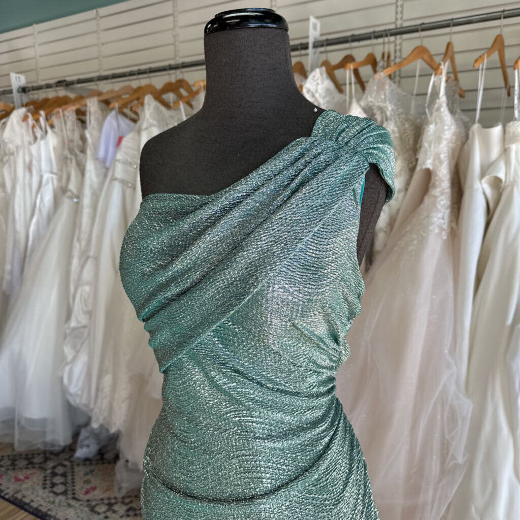 Eureka Green/ Silver Metallic One Shoulder Long Formal Dress Extra Large