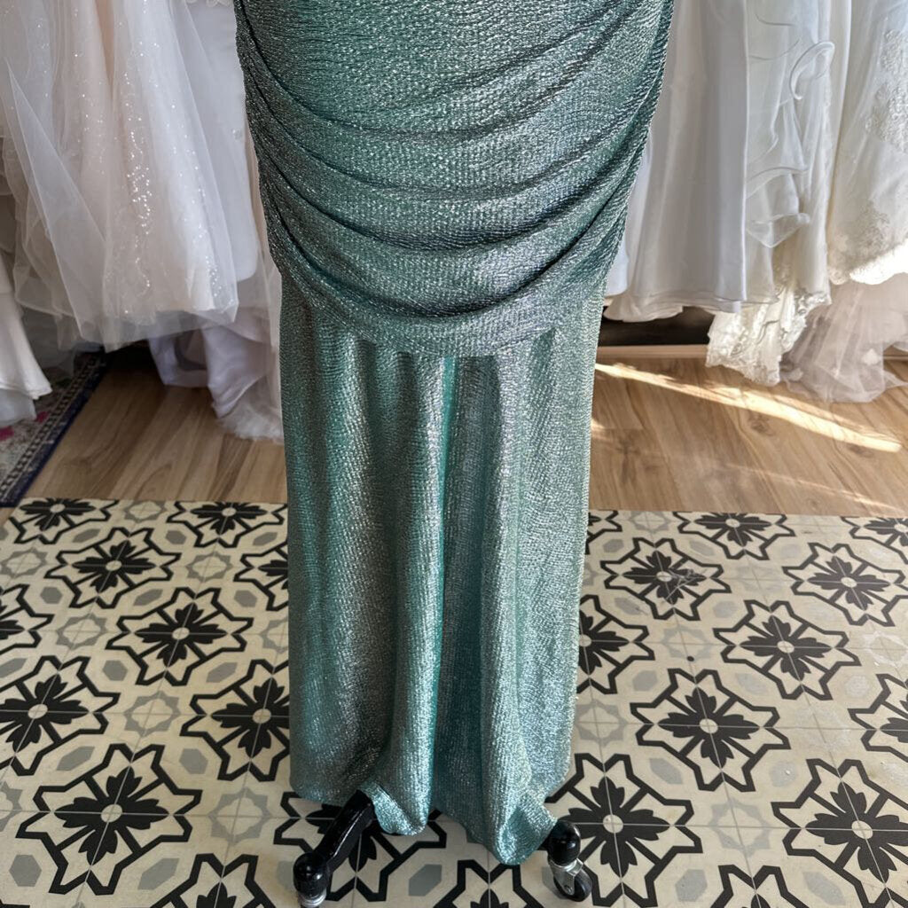 Eureka Green/ Silver Metallic One Shoulder Long Formal Dress Extra Large