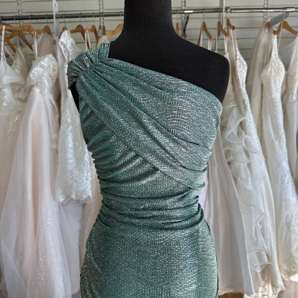 Eureka Green/ Silver Metallic One Shoulder Long Formal Dress Extra Large