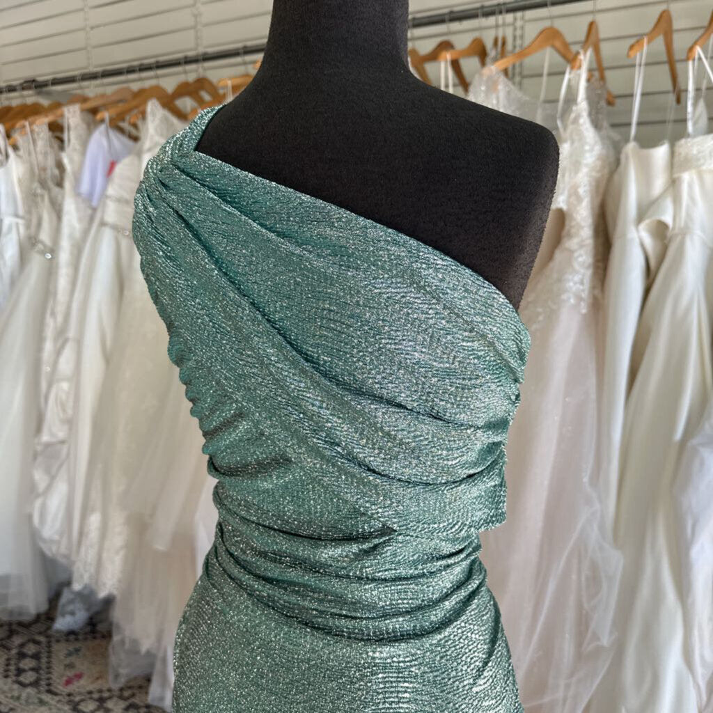 Eureka Green/ Silver Metallic One Shoulder Long Formal Dress Extra Large