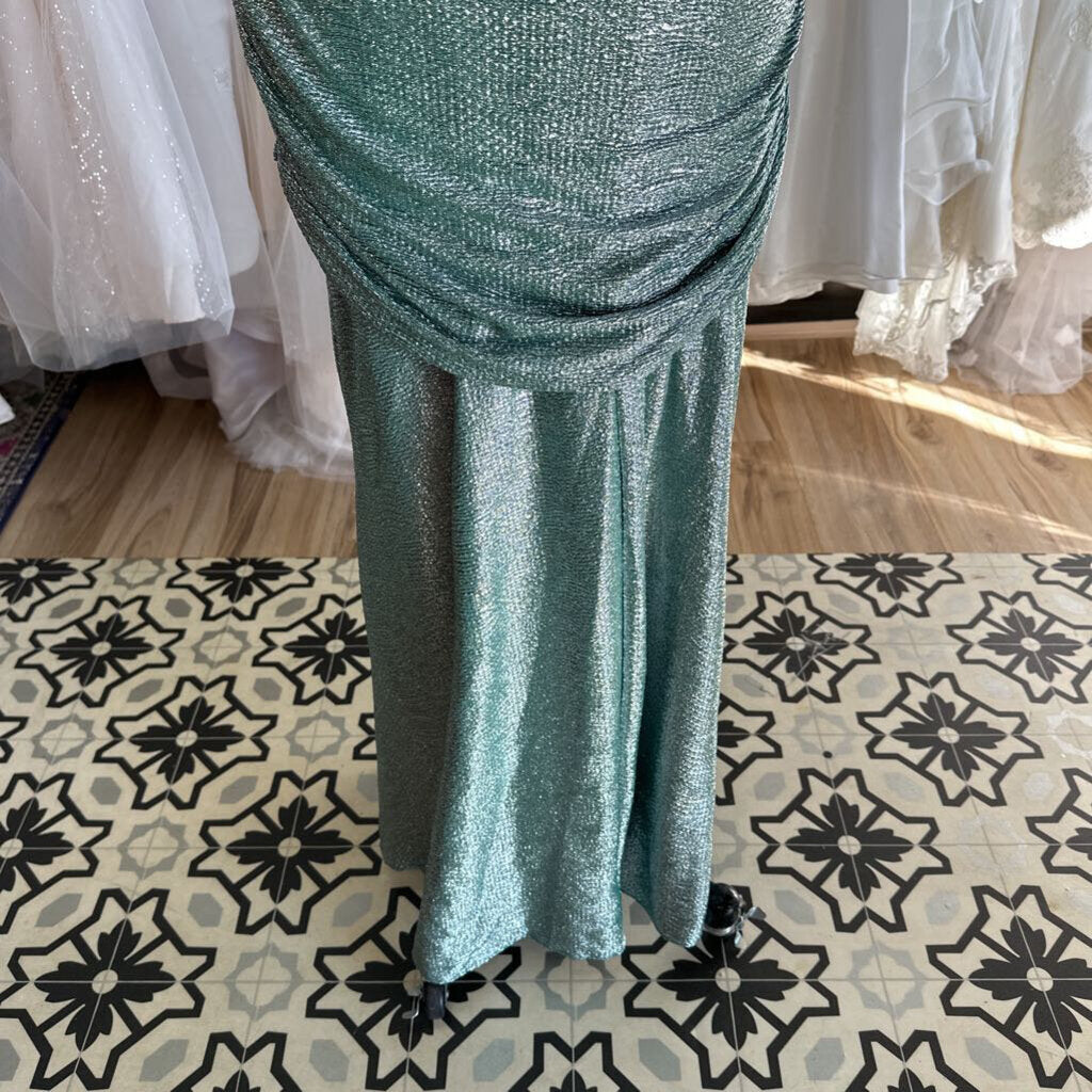 Eureka Green/ Silver Metallic One Shoulder Long Formal Dress Extra Large