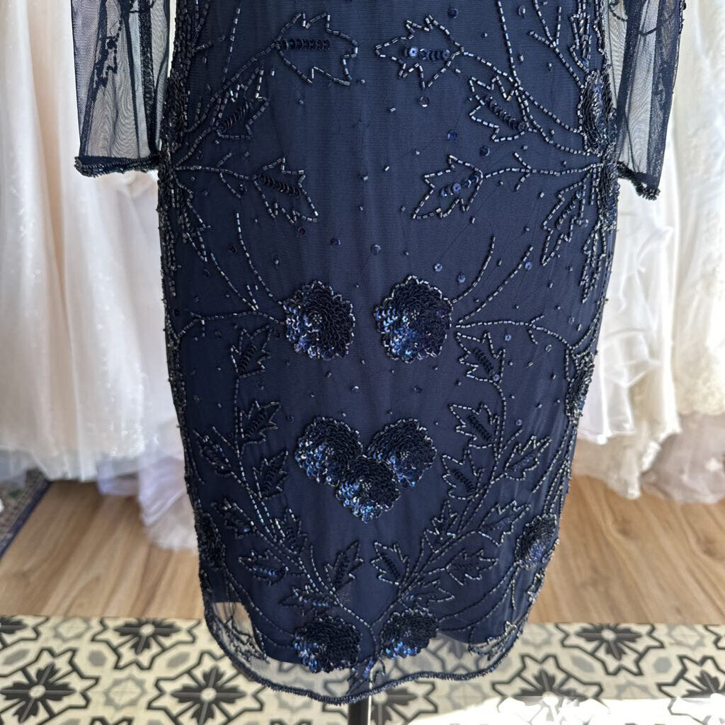 Pisarro Nights Navy Beaded Long Sleeve Short Formal Dress 6P